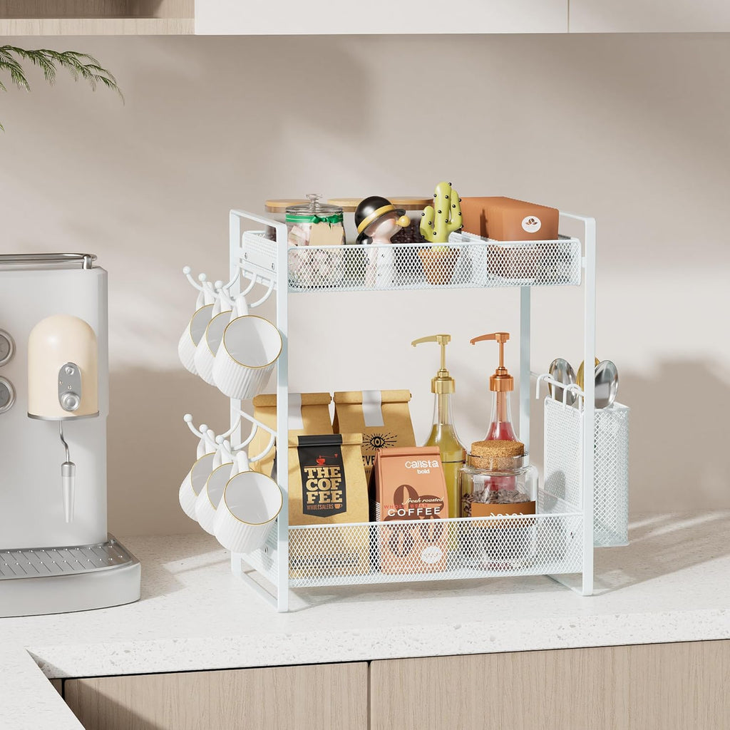 VITVITI Coffee Bar Organizer with Mug Holder, Metal Coffee Station Organizer for Countertop, 2 Tier Cup Mug Holders Rack with Basket for Kitchen Office, Black