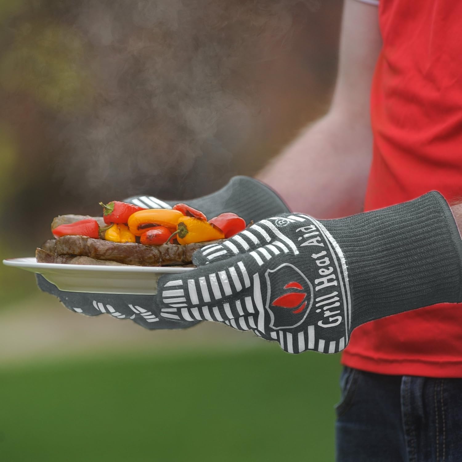 GRILL HEAT AID BBQ Grill Gloves Heat Proof for Grilling – Fireproof 1472°F Heat-Resistant Grill Mitts for Outdoor Barbecue and Smoker, Campfire, Fire Pit, Oven Glove with Fingers for Baking Pizza
