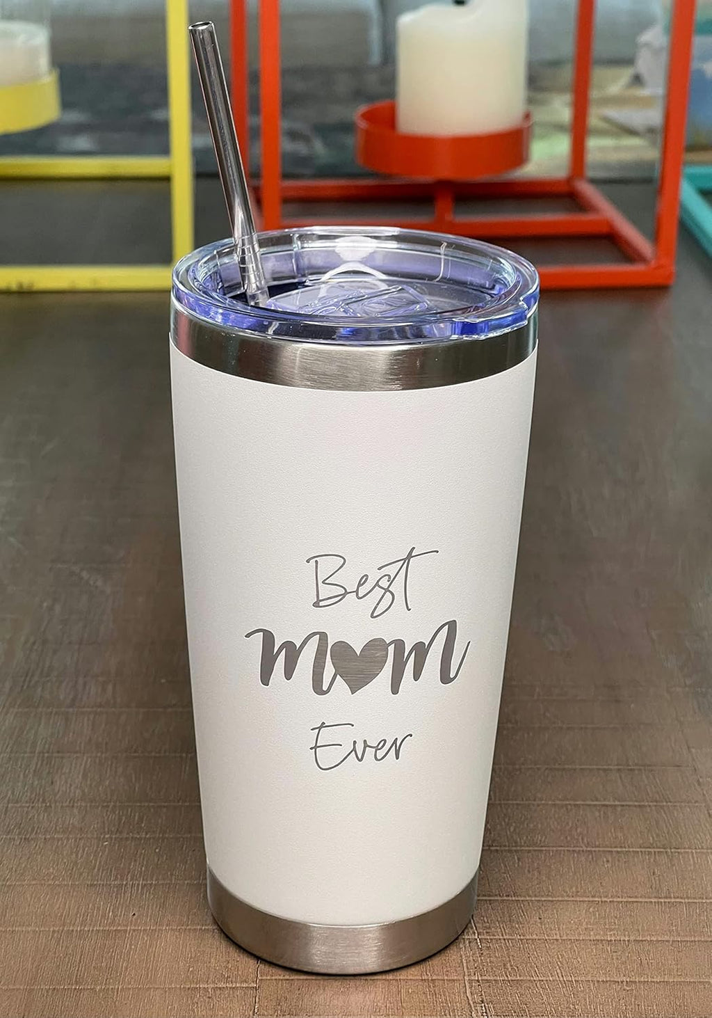 Best Mom Ever Tumbler Gift. 20 Oz Insulated Stainless Steel With Lid, Straw & Brush. Gift Idea For Mom Birthday, Mother's Day Gift Travel Mug Or New Mom Christmas Gift. Laser Engraved.(White)