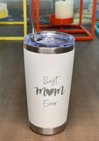 Best Mom Ever Tumbler Gift. 20 Oz Insulated Stainless Steel With Lid, Straw & Brush. Gift Idea For Mom Birthday, Mother's Day Gift Travel Mug Or New Mom Christmas Gift. Laser Engraved.(White)
