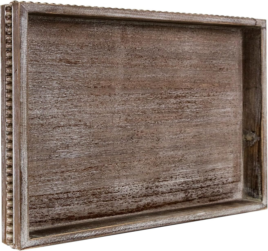 Wooden Decorative Tray, Rectangular Serving Tray with Wood Bead, Farmhouse Big Tray for Ottoman, Countertop, Coffee Tabl, 16.5" x 13"x 1.6" (Retro Brown)