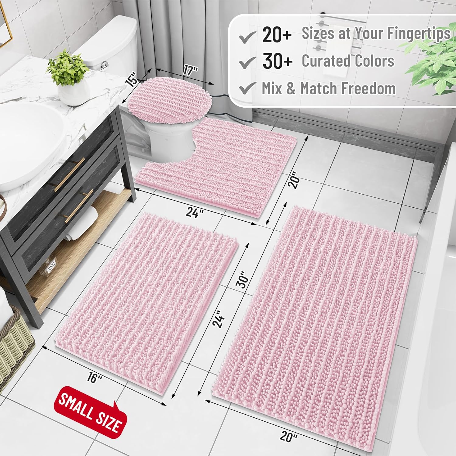 Arotive Luxury Chenille Bathroom Rug Mat, Extra Soft Thick Absorbent Shaggy Bath Rugs, Non-Slip Machine Wash Dry, Plush Bath Mats for Bathroom, Shower and Tub, 54x24, Pink