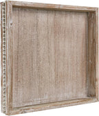 Wooden Decorative Tray, Small Serving Tray with Wood Bead, Farmhouse Big Tray for Ottoman, Countertop, Coffee Tabl, 13" x 13"x 1.6" (White Washed)