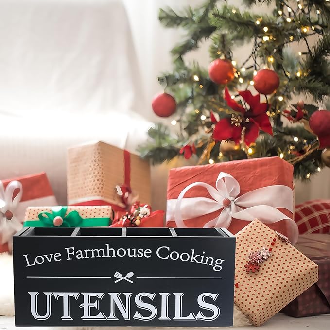 Kitchen Utensil Holder,Farmhouse Wooden Utensil Holder For Kitchen Counter,Extra Large Cooking Spatula Organizer,Big Storage With 4 Compartments Flatware Spoon Tool Cutlery（Black）