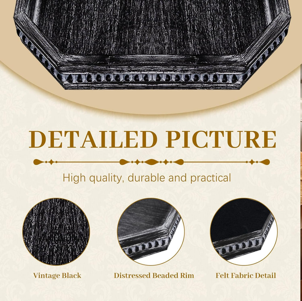 MAONAME Wood Serving Tray, Farmhouse Wooden Tray for Coffee Table, Octagonal Beaded Trays, Vintage Black Decorative Trays for Living Room, Kitchen, 15.7" X 10.2" X 1.6"