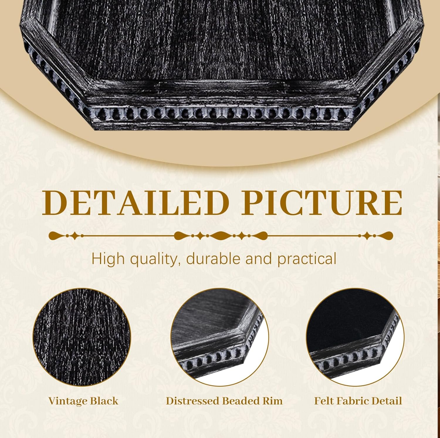 MAONAME Wood Serving Tray, Farmhouse Wooden Tray for Coffee Table, Octagonal Beaded Trays, Vintage Black Decorative Trays for Living Room, Kitchen, 15.7" X 10.2" X 1.6"