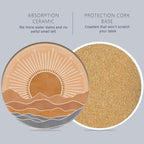 6 Pcs Coasters for Drinks with Holder, Boho Mountain Sun Absorbent Ceramic Coasters with Cork Base,Cute Funny Table Drinks Coasters Tabletop Protection Mat,Table Home Decor,4 Inches