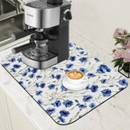Watercolor Blue Cornflower Dish Drying Mat for Kitchen Counter Floral Coffee Bar Mat Hide Stain Absorbent Rubber Backed Drying Rack Pad Coffee Pot Espresso Machine Table Accessories 11.8 x 19.7 Inch