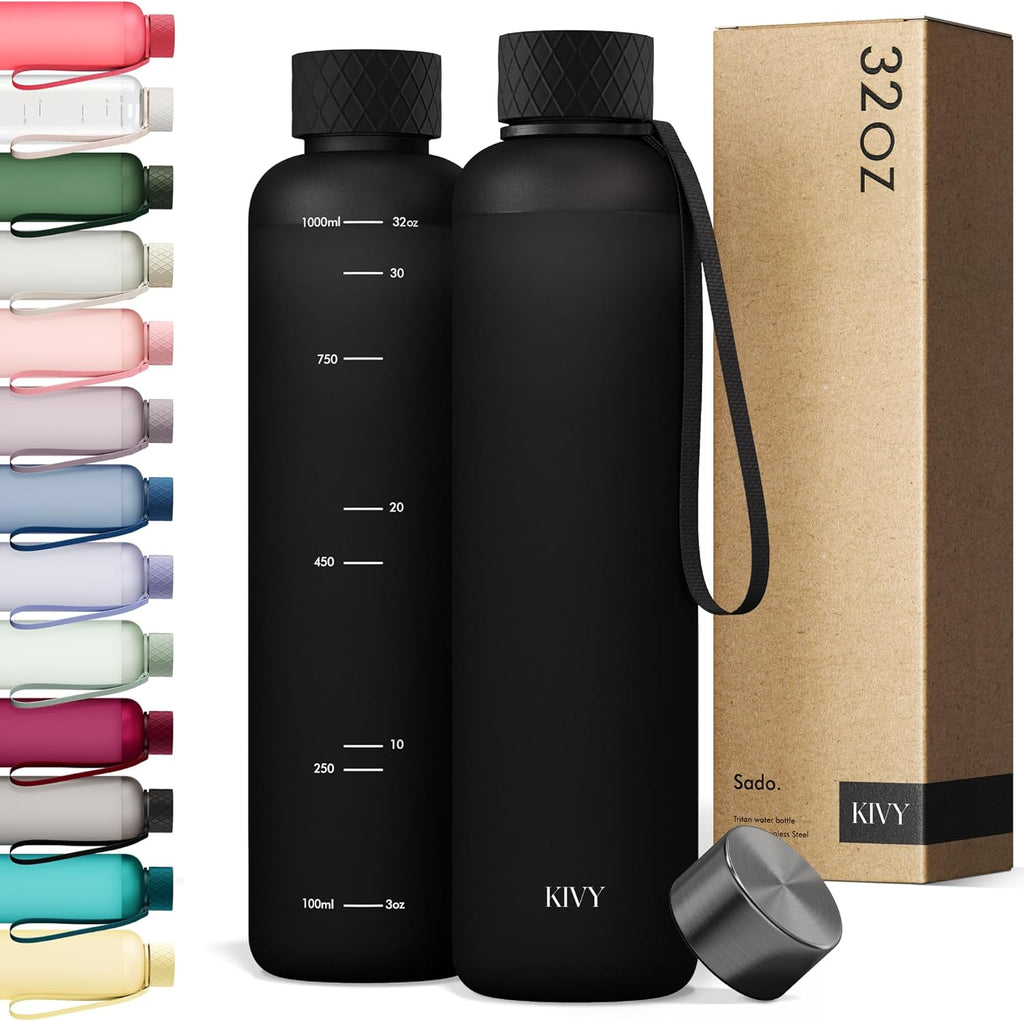 KIVY Slim Water Bottle 32oz [Lightweight & Shatterproof] Fits Backpack & Cupholder for Travel, Sports, School, Gym - Black water bottle no straw - Mens water bottle screw top - Dishwasher Safe
