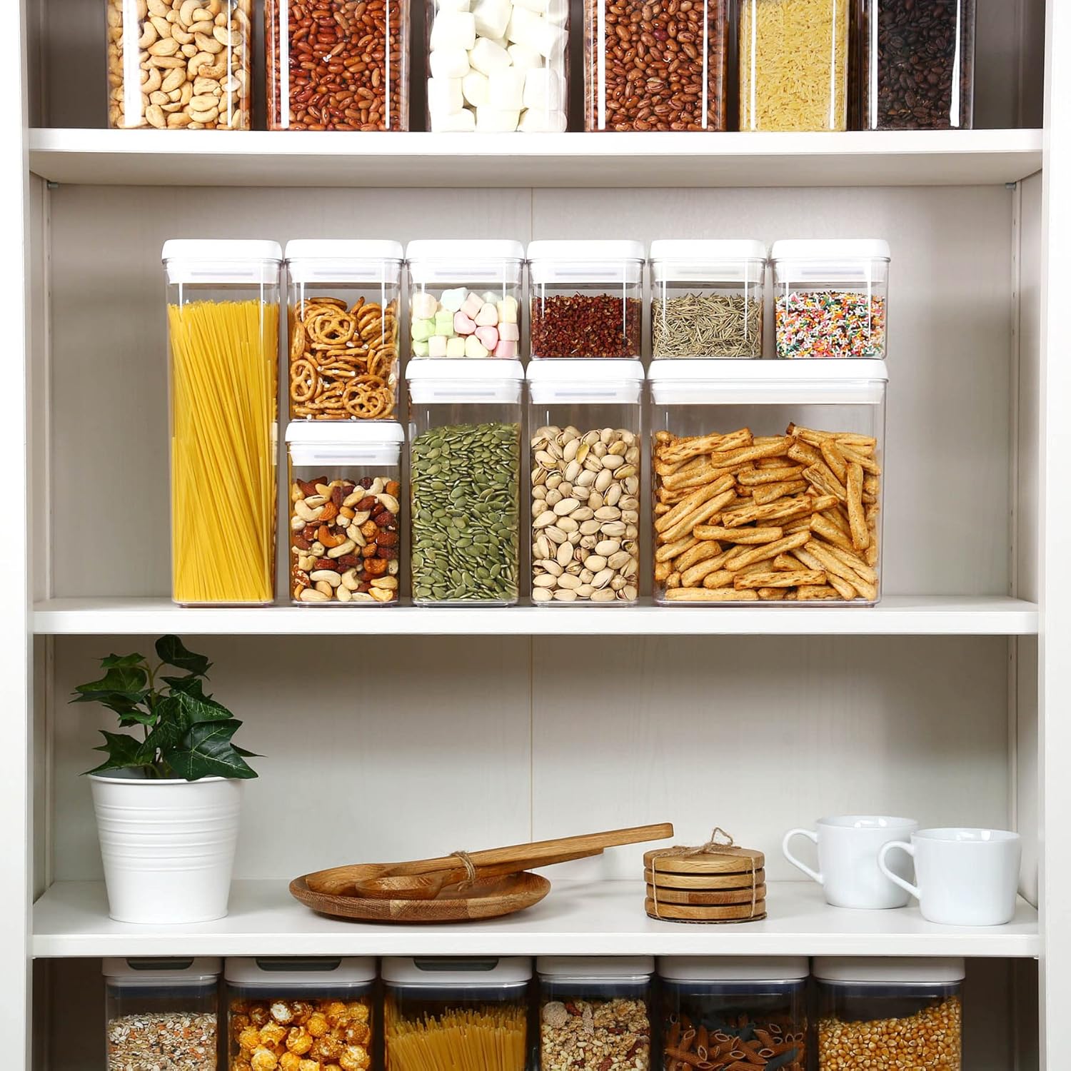 Felli Flip Tite Storage Container with Lid 4" Airtight Ring Seal Top, Stackable Acrylic Canister Jar Set for Kitchen Pantry Organizer, Food Spice Pasta Cereal Snack, Gifts for Women (5pk, Variety)