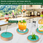 Wood Coasters for Drinks, Minacun Absorbent Coaster Sets of 5, Drinks Coasters for Coffee Tabletop Protection, Non-Slip, Non-Stick, Suitable for Kinds of Cups Wooden Table Drink, 4.3 Inches Lake Blue