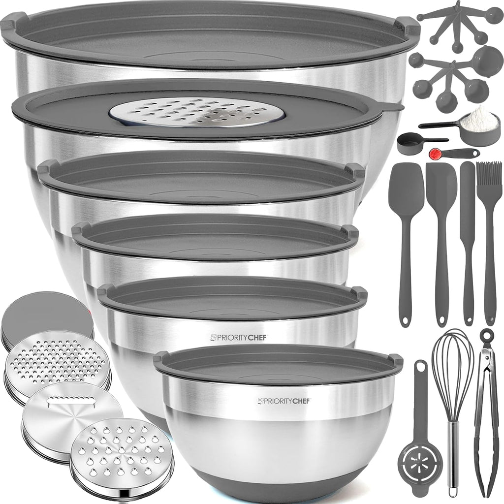 Priority Chef Stainless Steel Mixing Bowls with Lids Set - Premium 30Pcs with 6pc Metal Bowl Set for Kitchen, 3 Graters, Airtight Lids, Non-Slip Bases & Silicone Utensils, Grey
