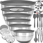 Priority Chef Stainless Steel Mixing Bowls with Lids Set - Premium 30Pcs with 6pc Metal Bowl Set for Kitchen, 3 Graters, Airtight Lids, Non-Slip Bases & Silicone Utensils, Grey