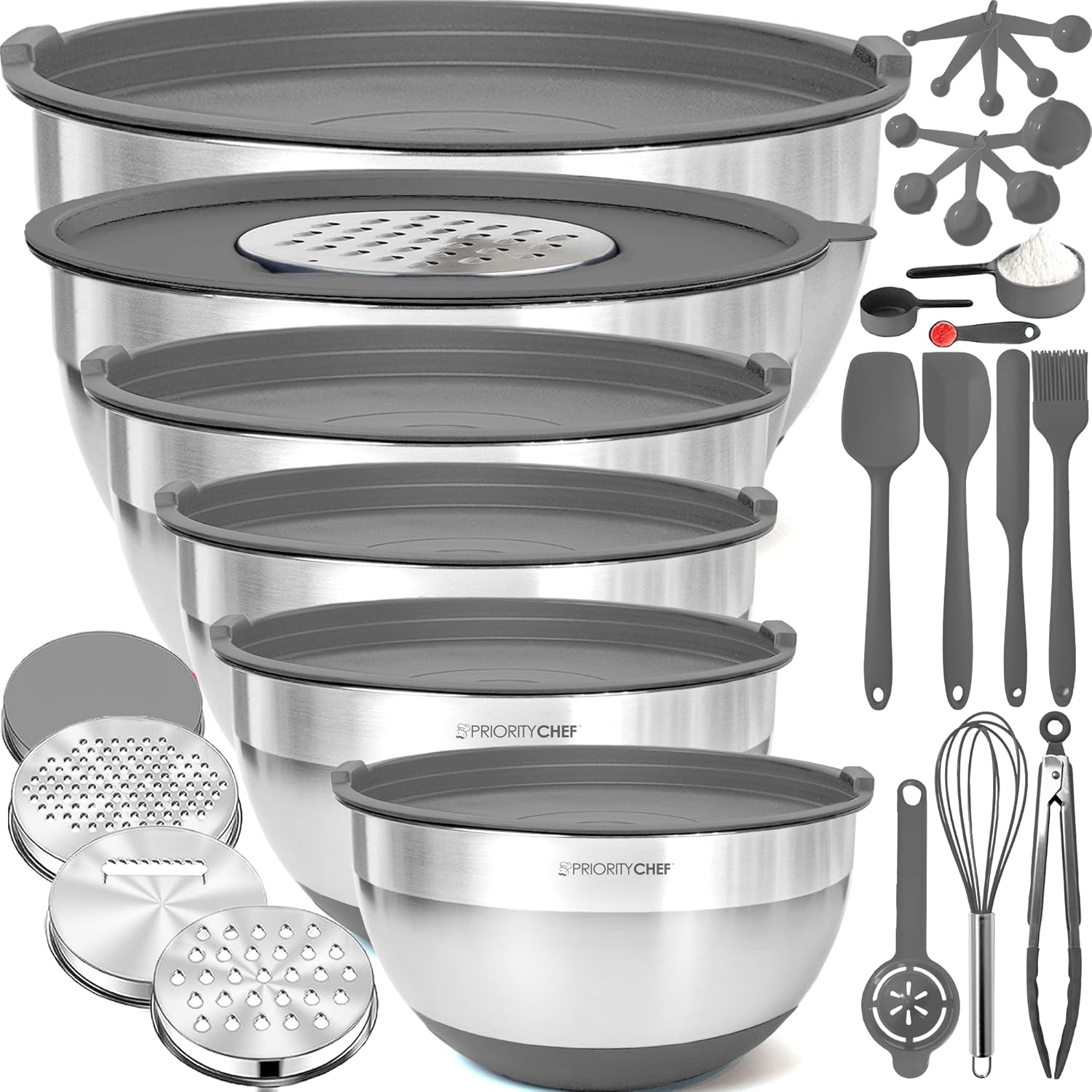 Priority Chef Stainless Steel Mixing Bowls with Lids Set - Premium 30Pcs with 6pc Metal Bowl Set for Kitchen, 3 Graters, Airtight Lids, Non-Slip Bases & Silicone Utensils, Grey