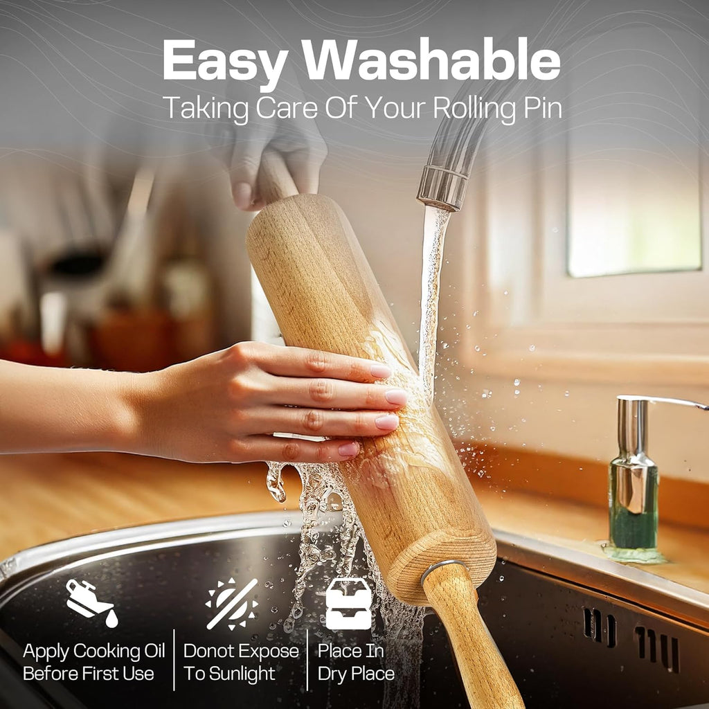 All-Purpose 17.6 Inch Beech Wood Non-Stick Rolling Pin - For Baking, Pizza, Pasta, Pie, Cookies, Pastry.