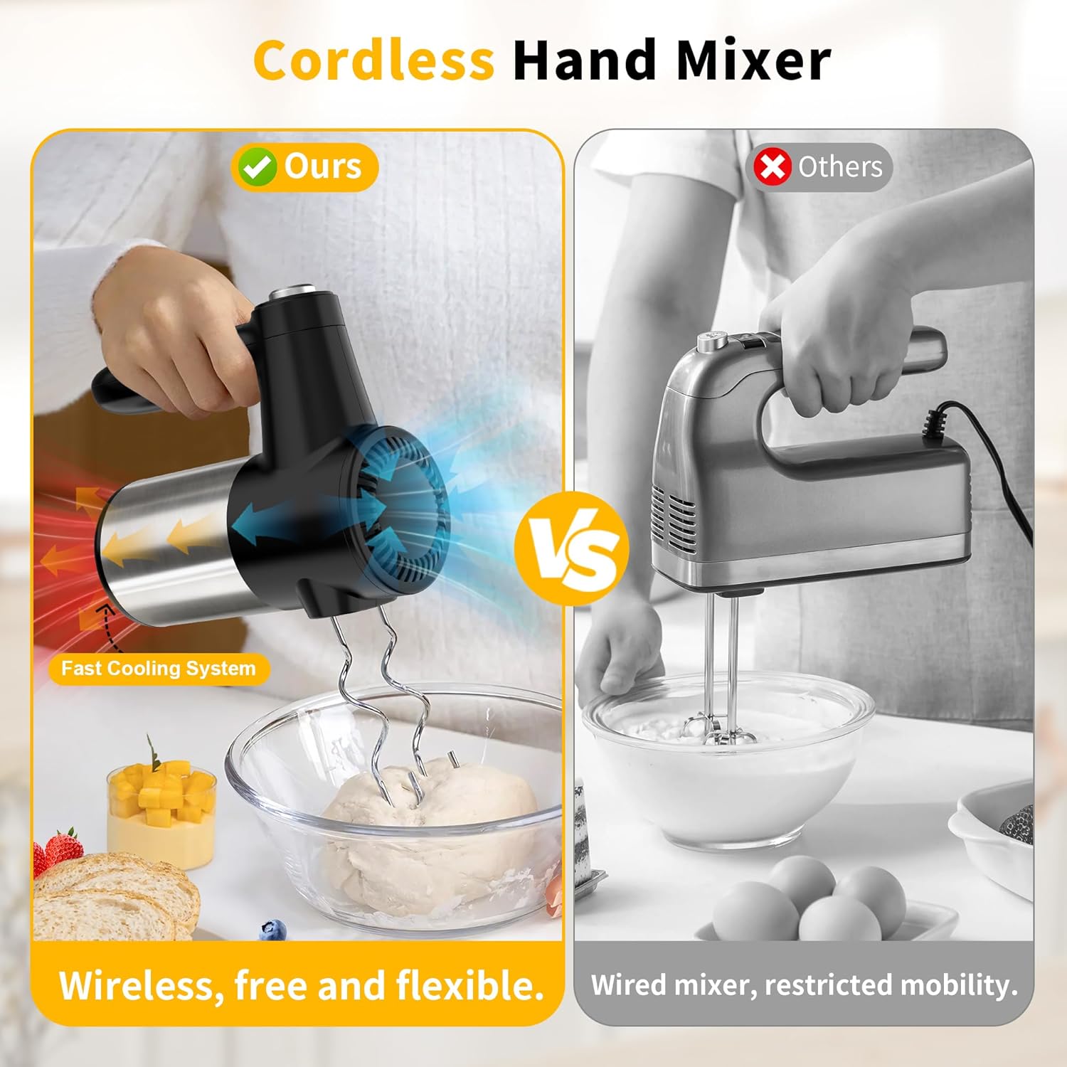 Cordless Hand Mixer, Digital Display 7 Speed Rechargeable Electric Mixer Handheld with 6 Stainless Steel Attachments Whisks Beaters Dough Hooks & Storage Base, Kitchen Blender for Baking, Eggs, Cakes
