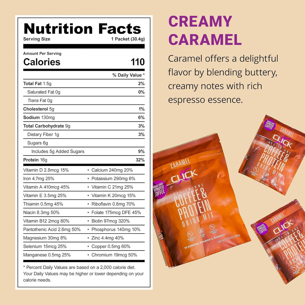 Click Coffee Protein Powder | Double Shot Espresso | 16g Protein | 23 Essential Vitamins | Low Calorie Meal Replacement | 150mg Caffeine | Gluten Free | No Artificial Flavors or Colors | Caramel