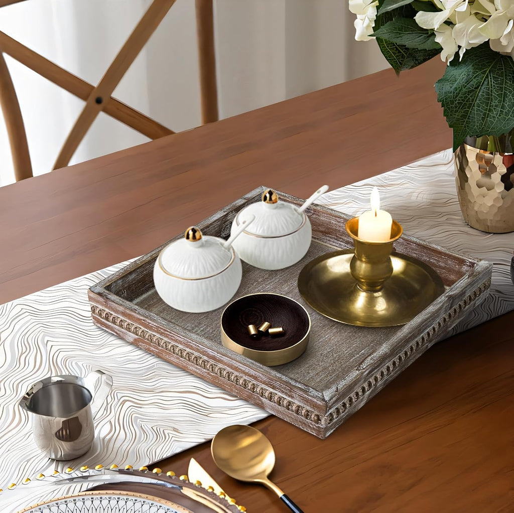 MAONAME Wood Serving Tray, Farmhouse Wooden Tray for Coffee Table, Rustic Square Trays with Beads, Vintage Brown Decorative Trays for Living Room, Kitchen, 12" X 12" X 1.6"