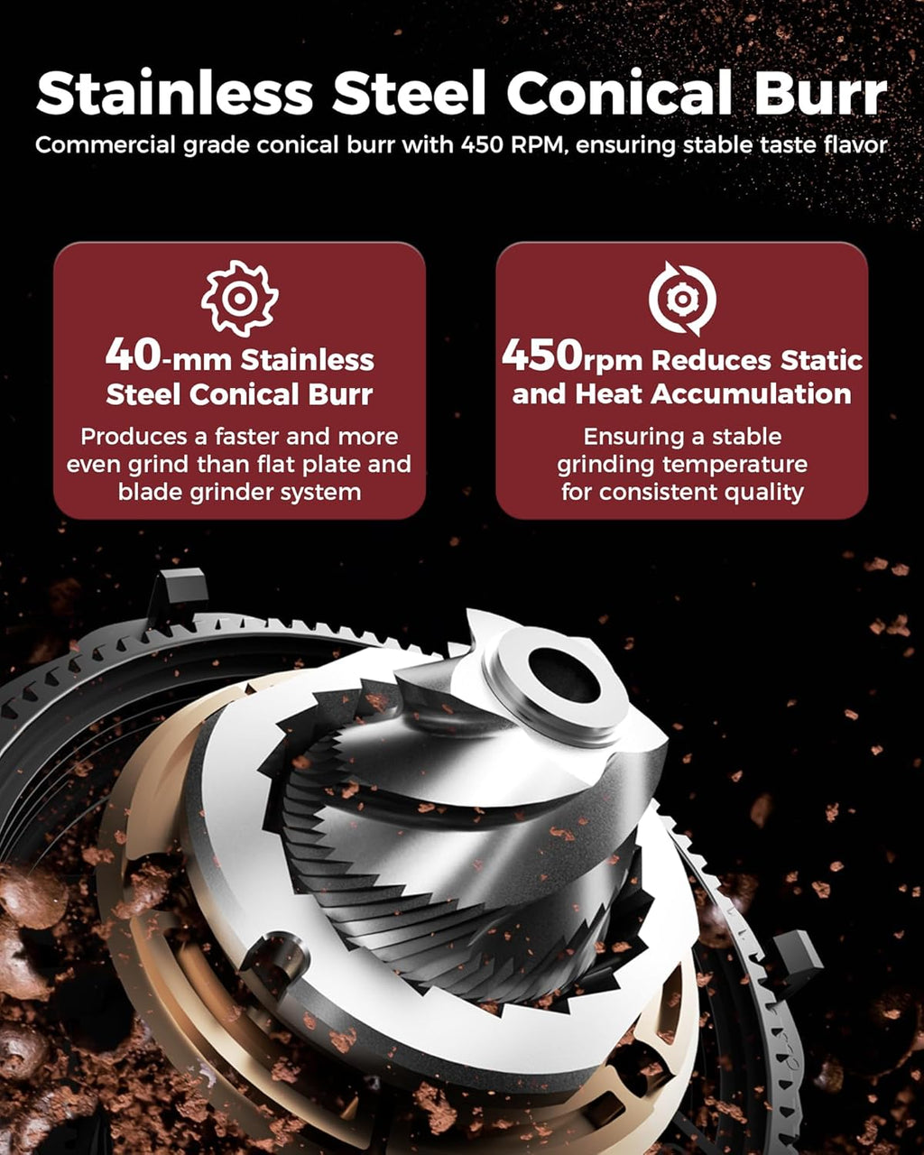 Tuni G1 Conical Burr Coffee Grinder, 48 Grind Settings Anti-static Burr Mill, Precision Electronic Timer and LED Touchscreen for Espresso/Drip/Cold Brew/French Press, Stainless Steel, Ivory