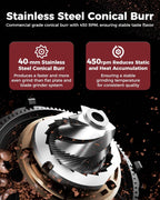 Tuni G1 Conical Burr Coffee Grinder, 48 Grind Settings Anti-static Burr Mill, Precision Electronic Timer and LED Touchscreen for Espresso/Drip/Cold Brew/French Press, Stainless Steel, Ivory