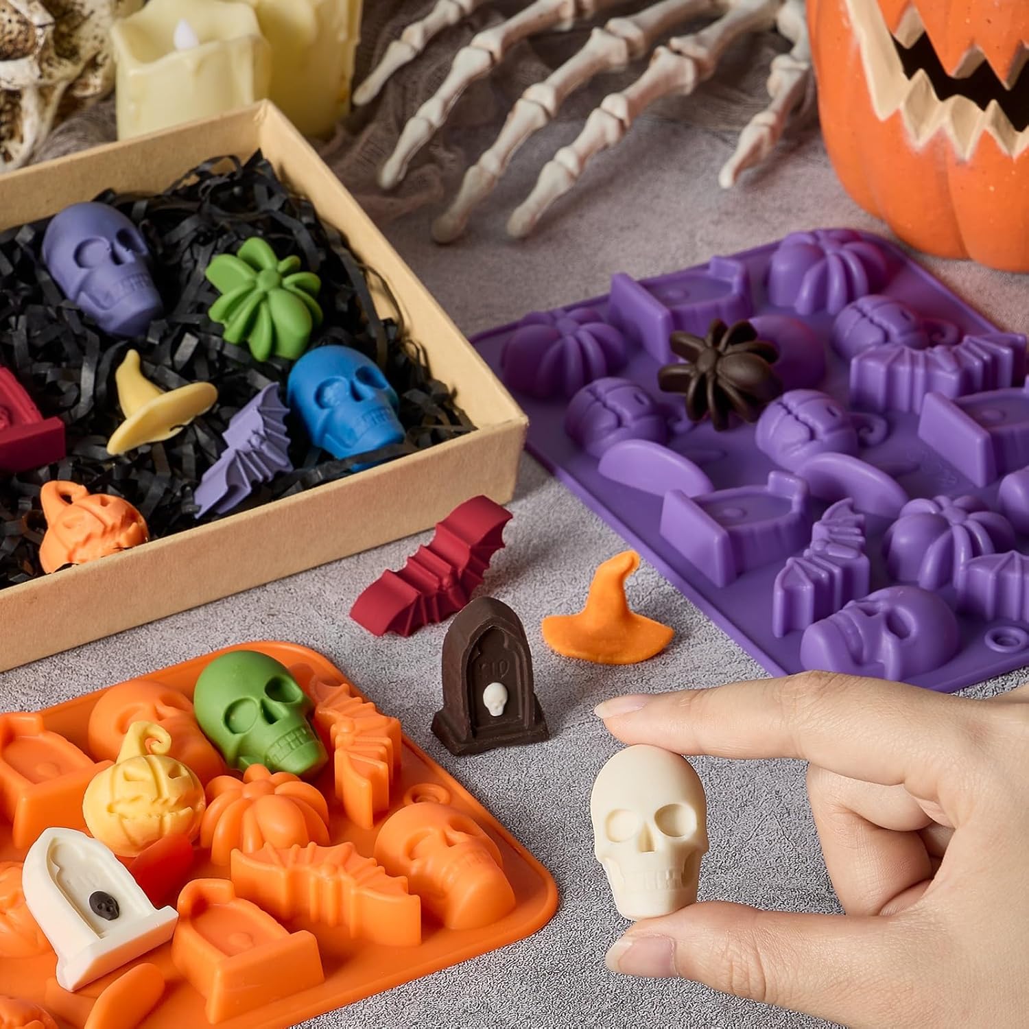 JOERSH Halloween Chocolate Silicone Molds, 4PCS Skull Pumpkin Witch Hat Bat Spider Tombstone Shaped Candy Mold Non Stick Baking Pan for DIY Chocolate, Fondant, Cake Decorating