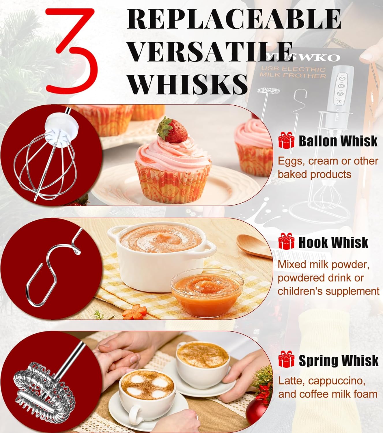 YUSWKO Rechargeable Milk Frother for Coffee, Handheld Drink Mixer with 3 Heads 3 Speeds, Ideal Electric Stirrers for Travel