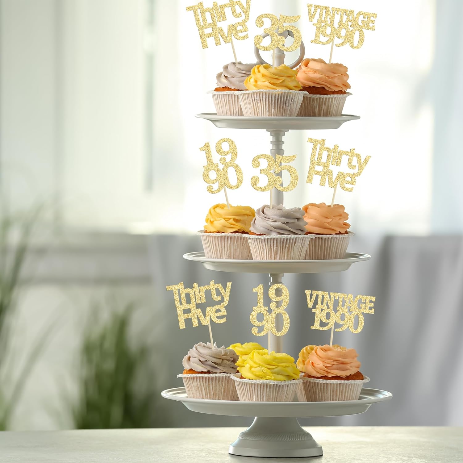 Gyufise 24Pcs Happy 35th Birthday Cupcake Toppers Glitter Thirty Five 35 Fabulous Vintage 1990 Cupcake Picks for 30th Birthday Wedding Anniversary Party Cake Decorations Supplies Gold