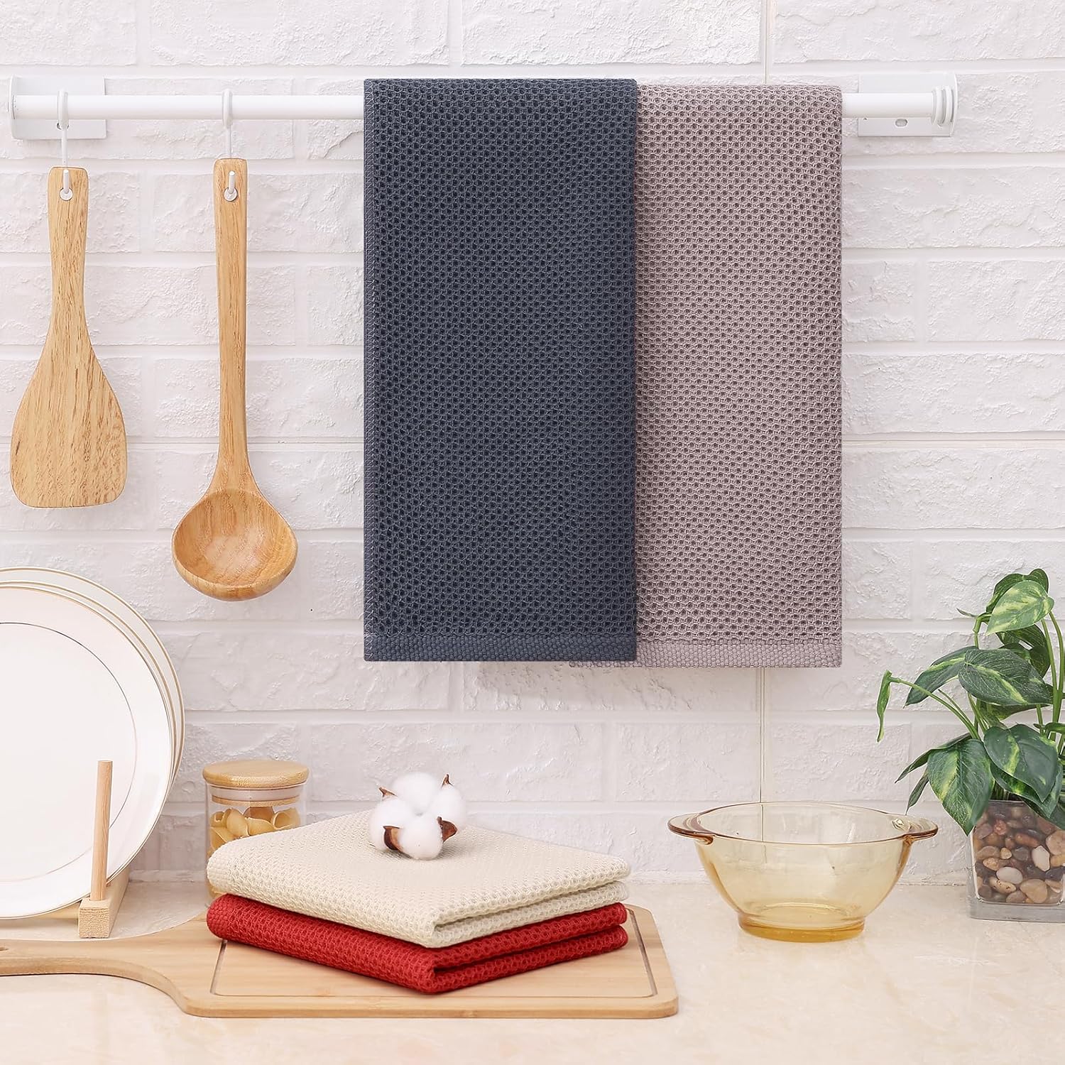 Kitinjoy 100% Cotton Waffle Weave Kitchen Towels, 4-Pack Super Soft and Absorbent Dish Towels for Drying Dishes, Kitchen Hand Towels, 13 in x 28 in, Multicolor