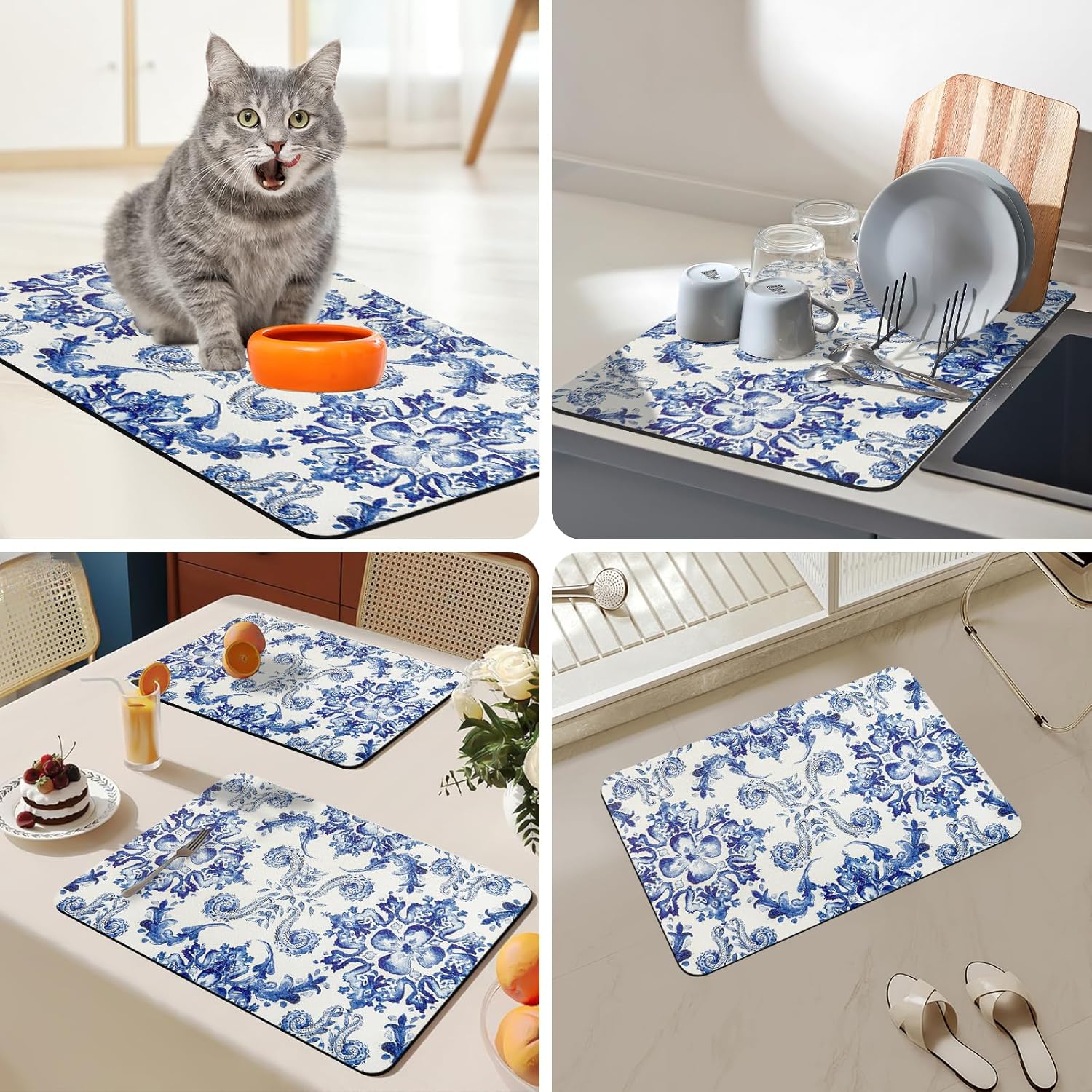 Bloss Dish Drying Mat, Multiple Usage Coffee Bar Mat, Kitchen Counter Mats, Absorbent Hide Stain Rubber Backed Dish Drying Pad(16.1"x24.1", Ink Cyan Flower)