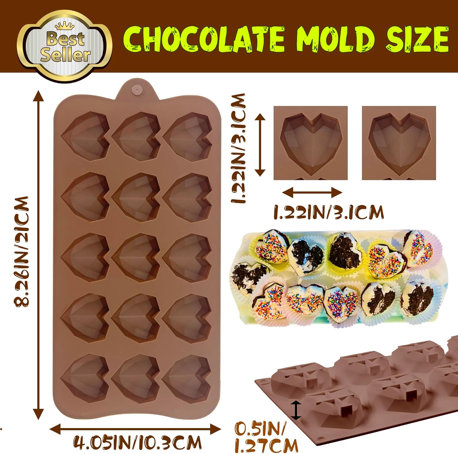 Mini Diamond Heart Shaped Chocolate Mold 15 Holes 3D Heart Candy Molds Silicone Mini Silicone Baking Pan - 4 Pack