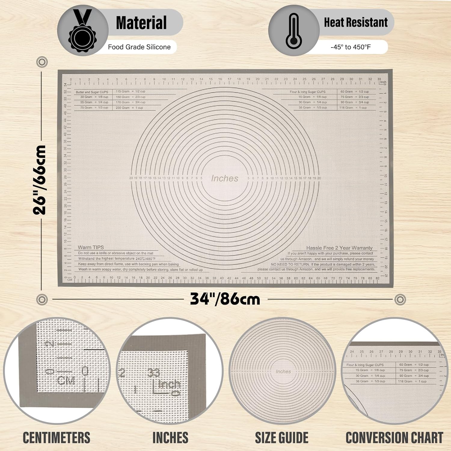 Silicone Pastry Mat 36x24 Inch - Kitchen Counter Nonstick Baking Mat Perfect for Dough, Pastry, Pie Crust, Fondant, Bread, Cookies, Pasta, Pizza