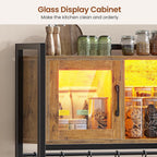 Itaar Bakers Rack with Power Outlet and LED Light, 47.2'' Microwave Stand with Storage, Kitchen Coffee Bar Cabinet with Glass Door, 4 Drawer, Wine Rack, Goblet Holder and 12 Hooks, Rustic Brown