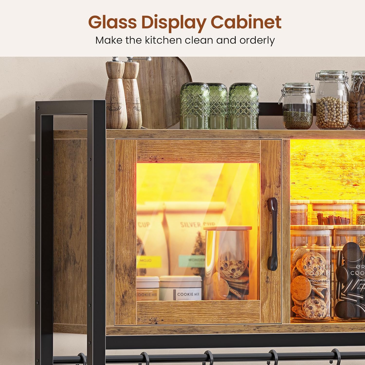 Itaar Bakers Rack with Power Outlet and LED Light, 47.2'' Microwave Stand with Storage, Kitchen Coffee Bar Cabinet with Glass Door, 4 Drawer, Wine Rack, Goblet Holder and 12 Hooks, Rustic Brown