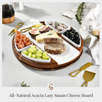 Shanik Upgraded Lazy Susan Cheese Cutting Board Set - Round Acacia Charcuterie Board With 4 Ceramic Bowls - Wedding Gifts - Cheese Serving Platter - Bridal Shower