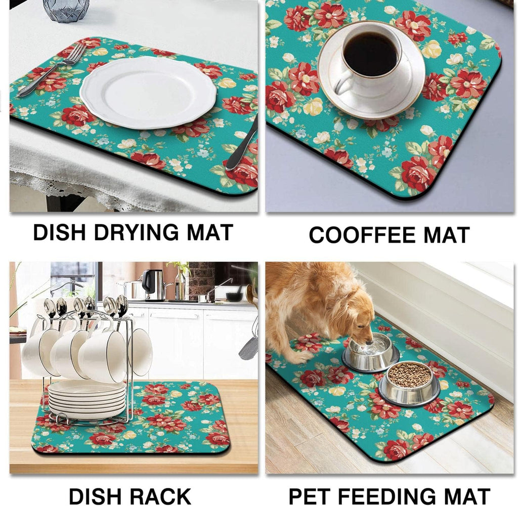 Rubber Dish Drying Mat for Kitchen Counter Large Boho Flowers Washable Quick Home Coffee Pad Fit Under Sink,Bar,Utensils 18x24in