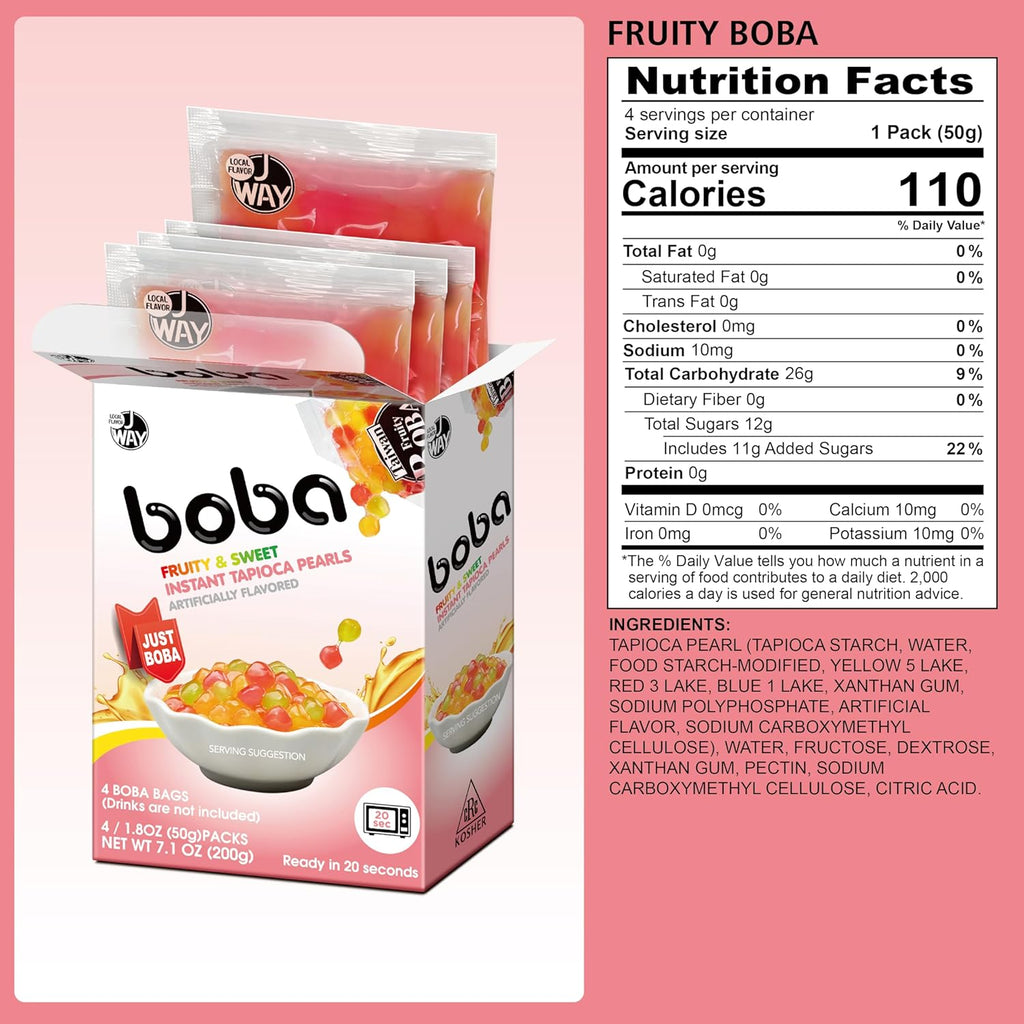 J WAY BOBA Authentic Instant Tapioca Boba Pearls for Milk Tea, Smoothies and Desserts, Tropical Fruit Flavor (Ready in Just 20 Seconds) - 4 Servings