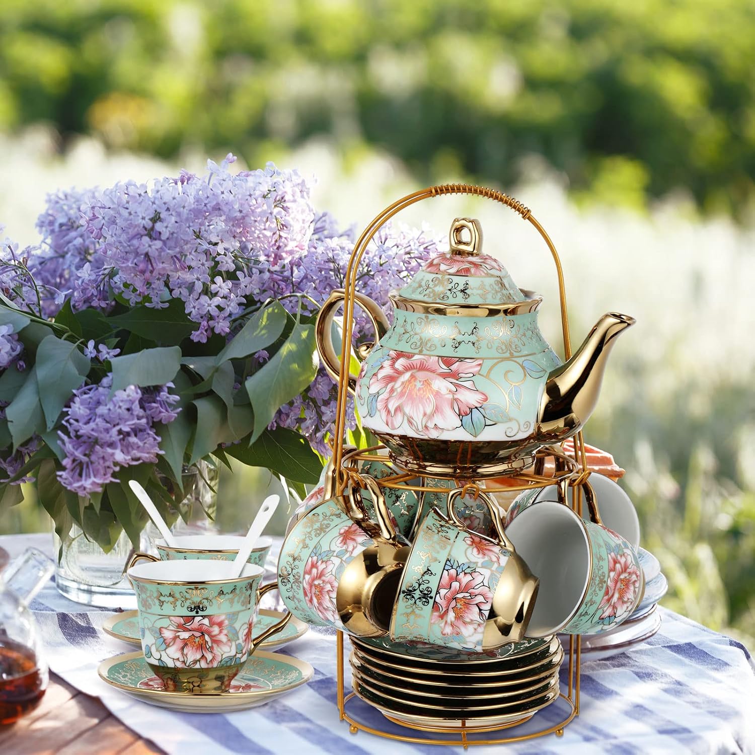 Zhehao 20 Pcs Porcelain Tea Set with Metal Holder and Spoon Adult Ceramic Tea Party Set European Flower Painting Teapot Cup Saucer Spoon Set for Women, Large Version(Fresh Style)