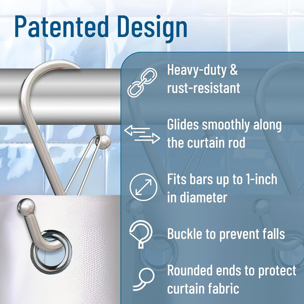 Set of 12 Silver Metal S Hook Shower Hooks 1” – Closed, Heavy Duty, Long Decorative Shower Curtain Hooks, Easy Glide, Buckle, Large Rust Resistant Rings for Bathroom Rods (Silver, S)