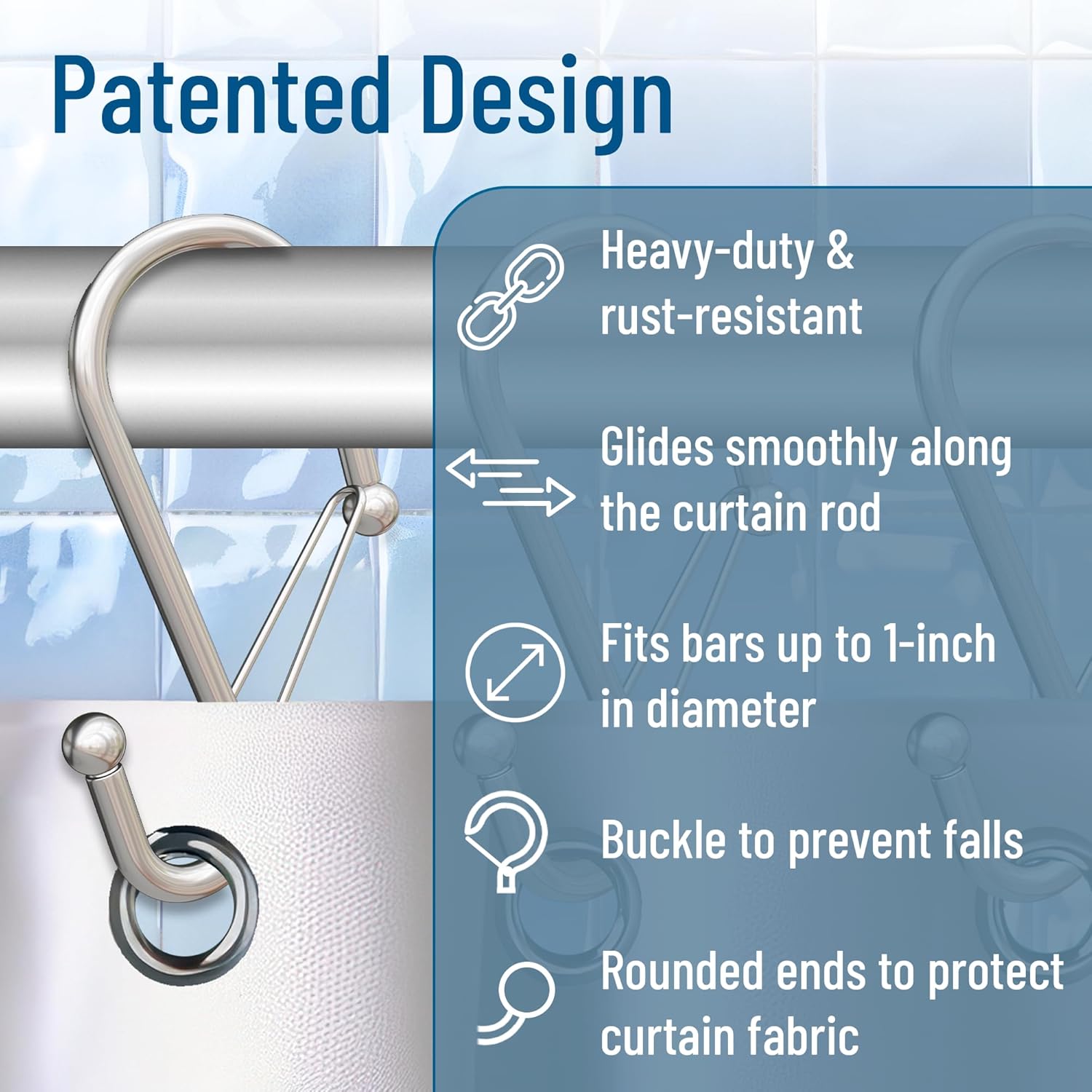 Set of 12 Silver Metal S Hook Shower Hooks 1” – Closed, Heavy Duty, Long Decorative Shower Curtain Hooks, Easy Glide, Buckle, Large Rust Resistant Rings for Bathroom Rods (Silver, S)