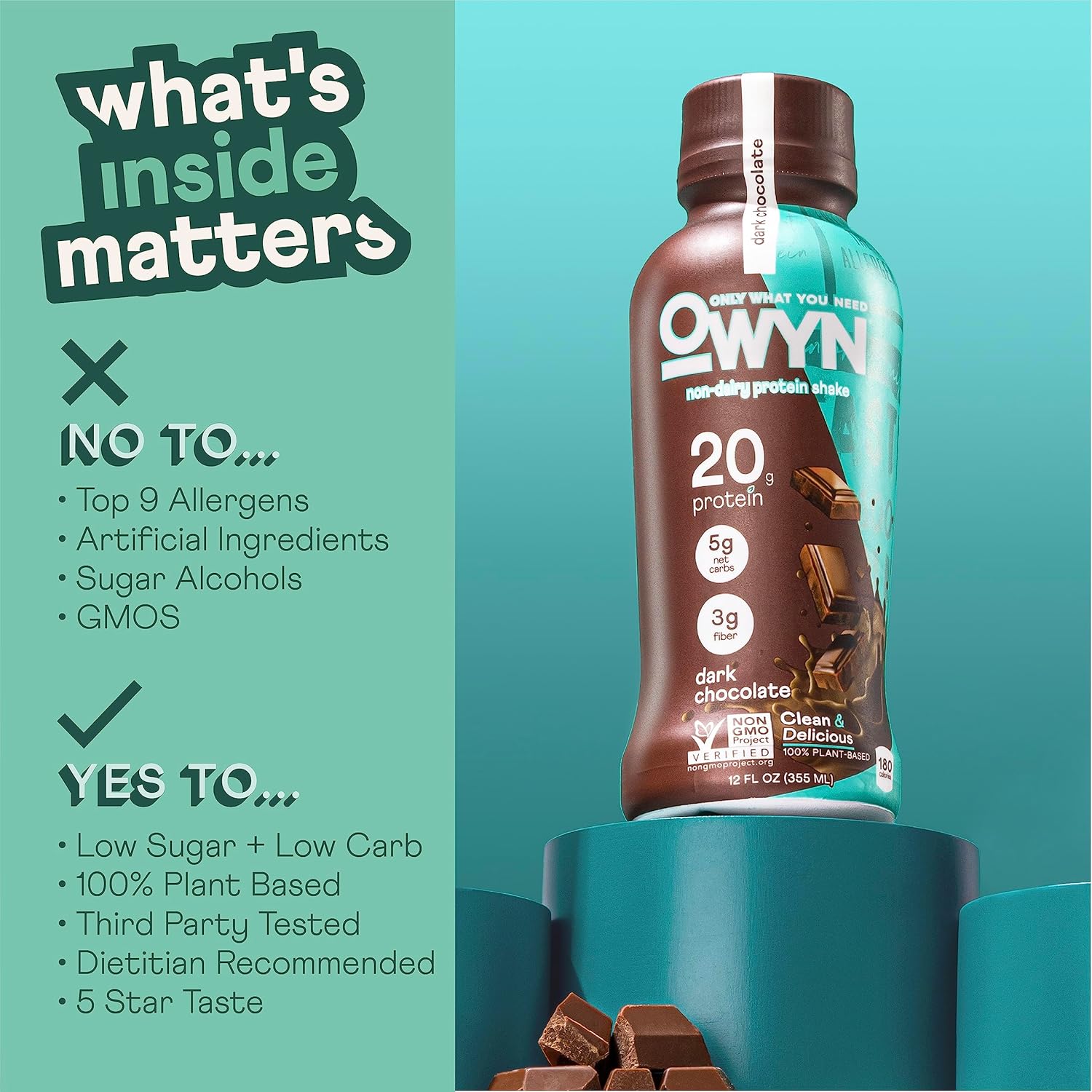 OWYN Only What You Need Plant Based Protein Shake, Dark Chocolate, 20g Vegan Protein from Organic Pumpkin seed, Flax, Pea Blend, Omega-3, Prebiotic supplements, Gluten and Soy-Free, (12 Pack)