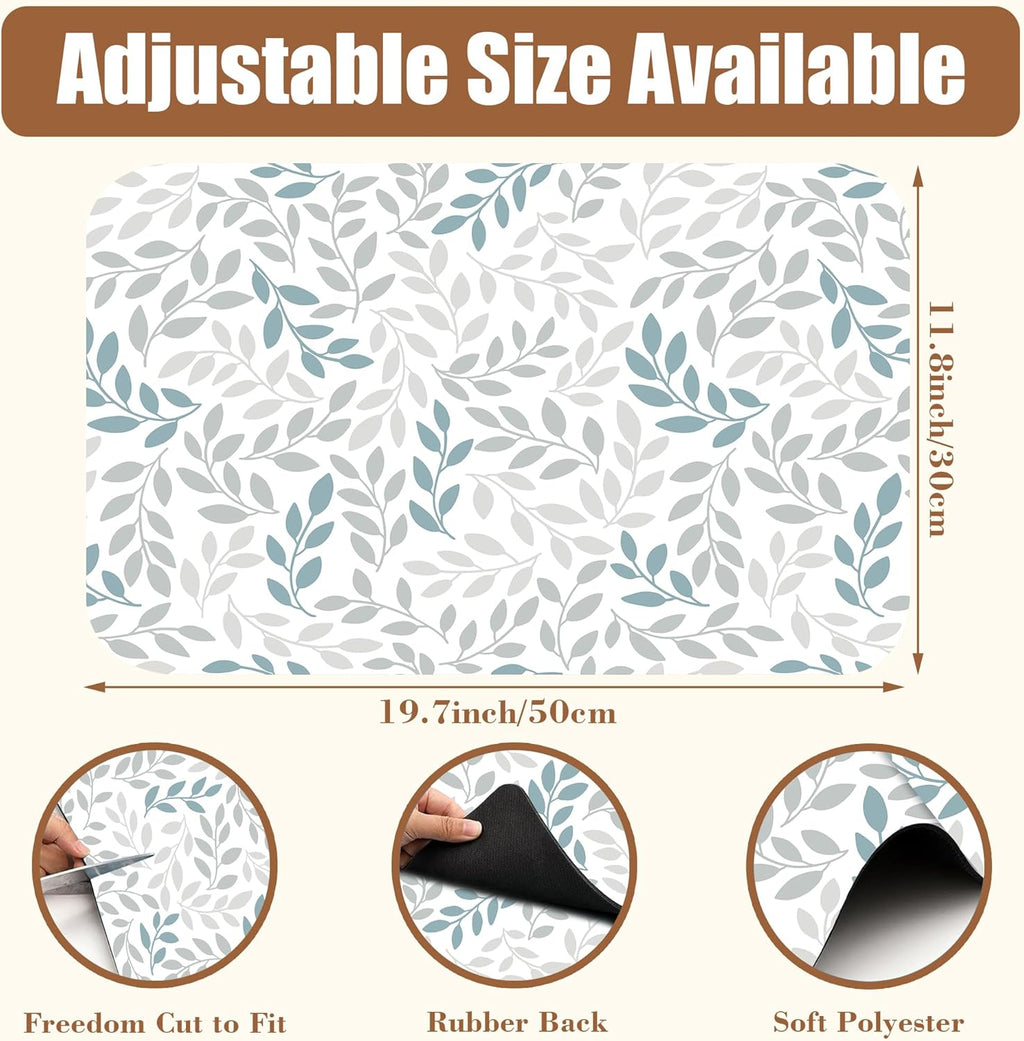 Grey and Blue Leaves Branches Dish Drying Mat for Kitchen Counter Coffee Bar Mat Hide Stain Absorbent Rubber Backed Dish Drainer Rack Pad Espresso Machine Coffee Bar Accessories 11.8 x 19.7 Inch