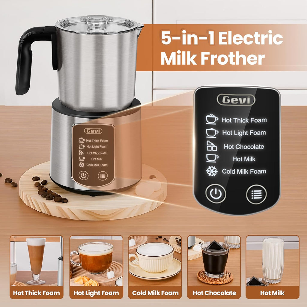 Gevi Hot Chocolate Maker with 5 in 1 Milk Frother and Steamer, Professional Milk Steamer, 17 oz/3.5 oz, Stainless Steel, Hot and Cold Milk Frother for Latte, Macchiato, Cappuccino and Hot Chocolate
