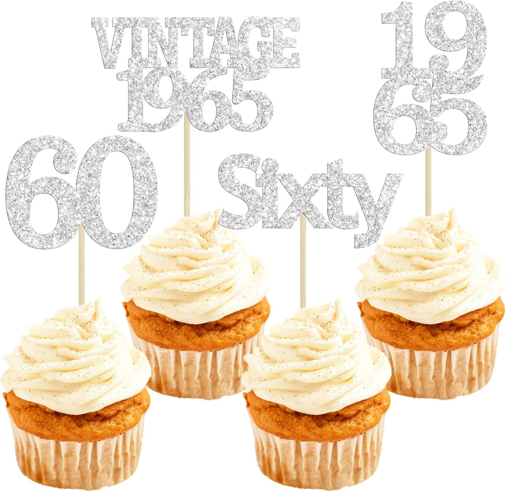 Gyufise 24Pcs 60th Birthday Cupcake Toppers Cheers to 60 Fabulous Sixty Cupcake Picks Vintage 1965 Decorations for 60th Birthday Wedding Anniversary Party Cake Decorations Supplies Silver