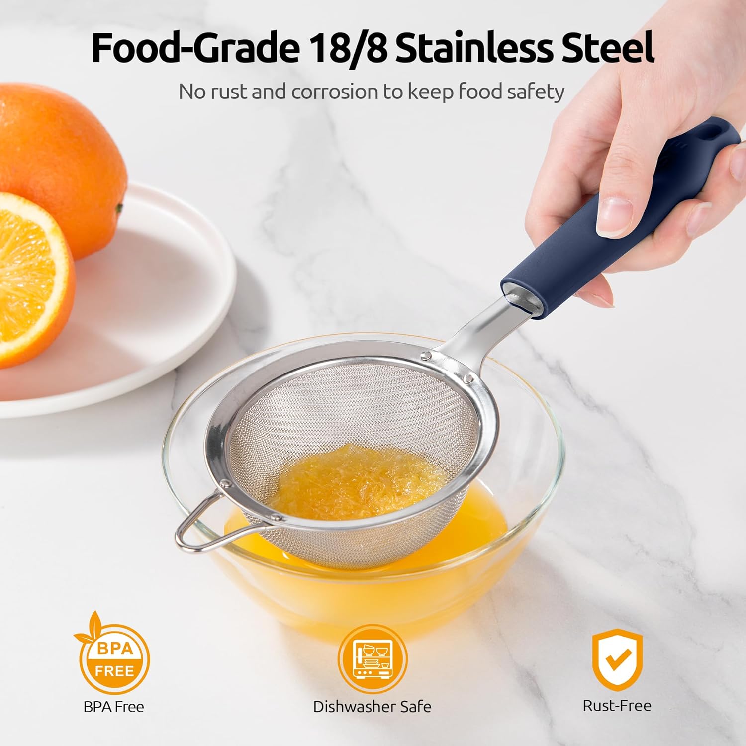 U-Taste Small Fine Mesh Strainer: 18/8 Stainless Steel 3.35in 30 Mesh Kitchen Food Sieve with Sturdy Riveted Silicone Handle, Heavy Duty Deep Handheld Metal Colander for Tea, Juice (Midnight Blue)