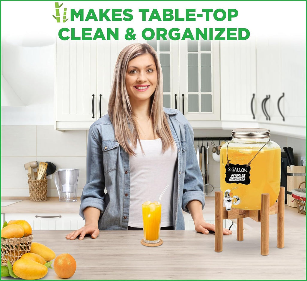 Drink Dispenser Stand - Use to Hold Dispensers for Drinks, Beverages, Lemonades and Juices - Adjustable Sideways, Fits Various Jug Sizes Up to 11.5-inch Wide [1-2 Gallons] - Bamboo Wood