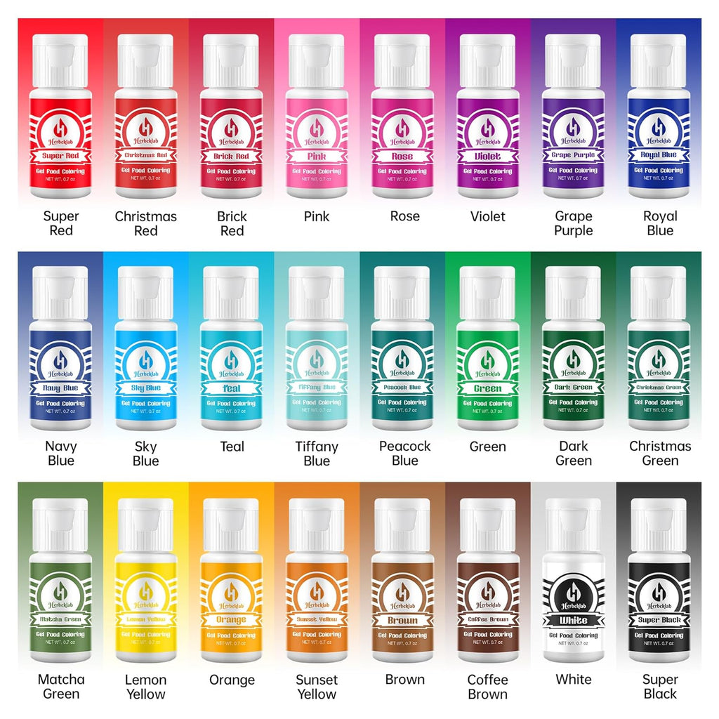 Gel Food Coloring - Herbeklab 24 Colors x 0.7 oz Concentrated Gel Based Food Dye Vibrant Icing Colors Neon Food Color for Baking Cake Decorating Cookies