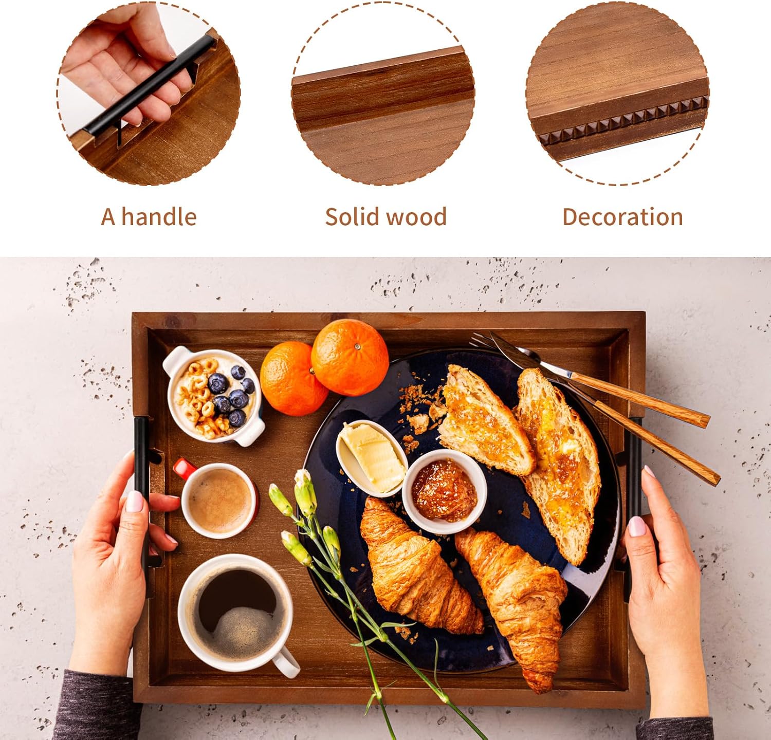 Rustic Wood Serving Tray with Handle Brown Rectangular Decorative Trays Farmhouse Charcuterie Boards Platter for Food, Fruit, and Coffee Great for Bed, Living, Coffee Table, Kitchen and Party