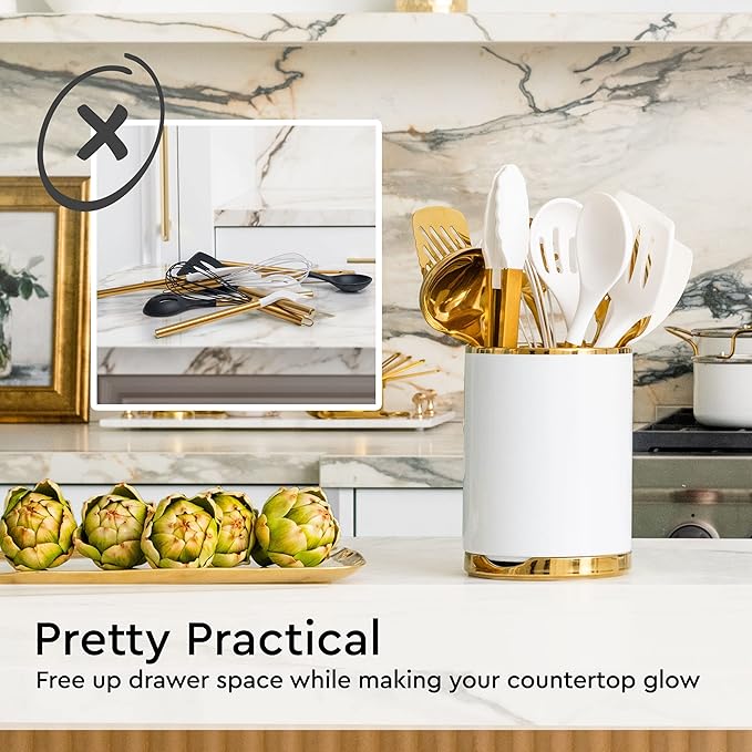 White Utensil Holder with Built-In Ceramic Spoon Rest - 2-Piece Luxe White and Gold Spatula Holder with Gold Spoon Rest for Countertop Organization - Stylish Kitchen Accessory, Utensils Not Included