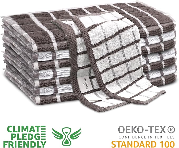 Urban Villa Dish Cloths Terry Cotton Pack of 6, Highly Absorbent Quick Drying Super Soft Premium Dish Towels for Kitchen with Hanging Loop Hand & Tea Towels - 12x12 Inch, (Grey & White, Checks)
