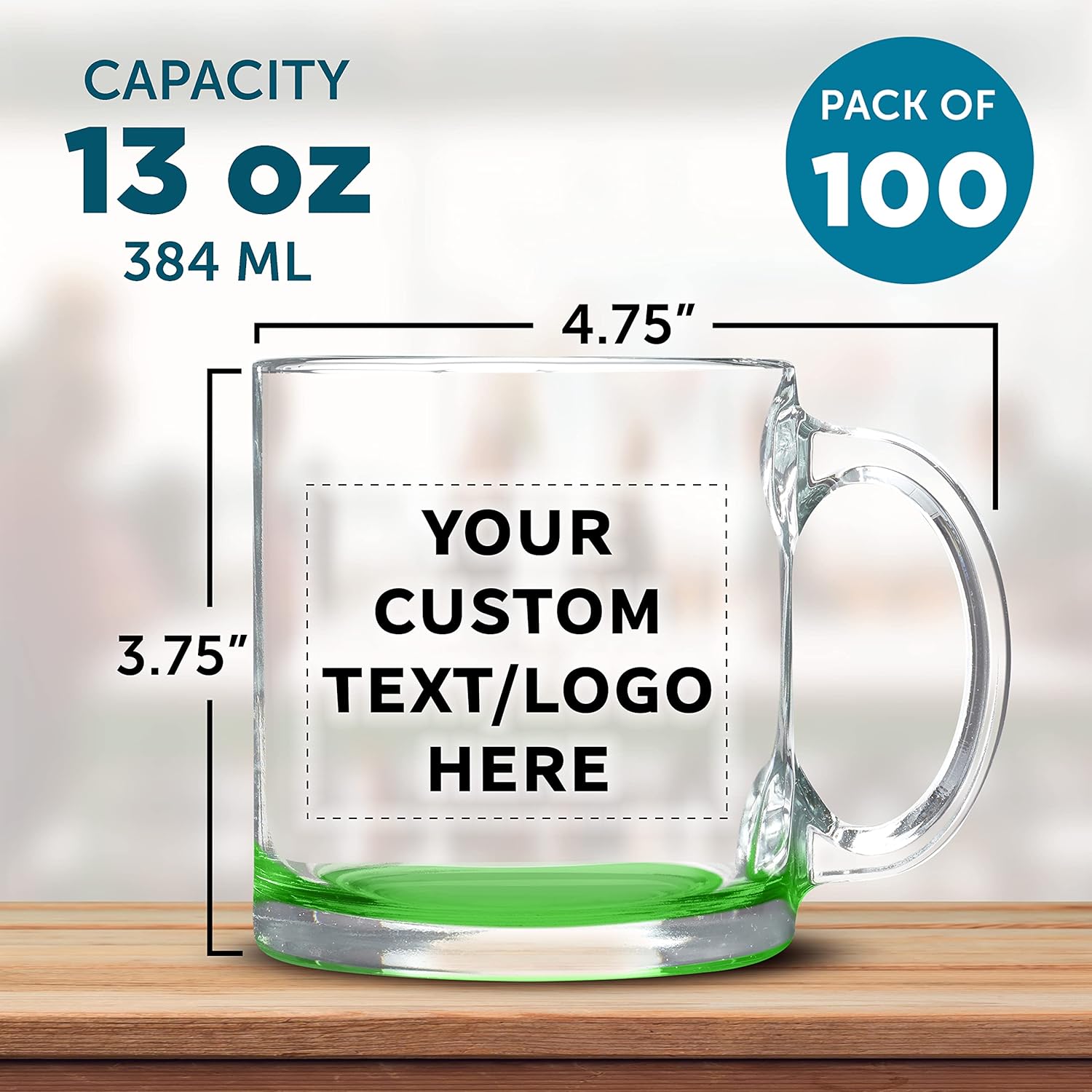 Custom Libbey Clear Glass Coffee Mugs 13 oz. Set of 100, Personalized Bulk Pack - Perfect for Coffee, Tea, Espresso, Hot Cocoa, Other Beverages - Green Bottom